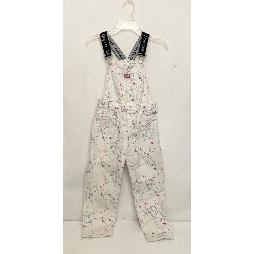 Girls Bebe Overalls Size 7 8 Small White Denim Paint Splatter Jumpsuit Vintage